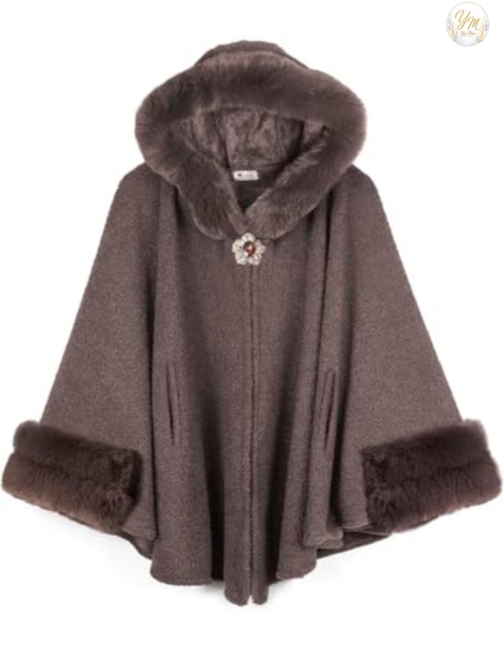 Faux Fur Trim Fleece Lined Hooded Cape Coat Poncho Winter